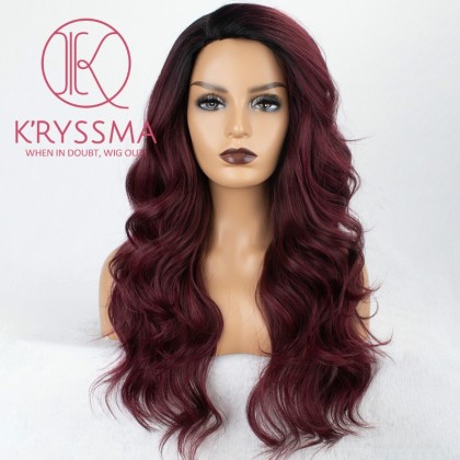 Ombre Burgundy Long Natural Wavy Synthetic Wig 22 inches