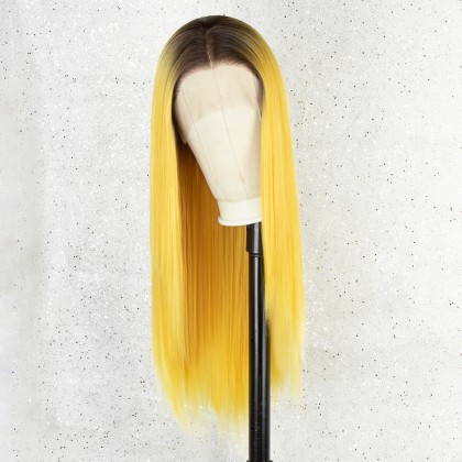K'ryssma Yellow Lace Front Wig with Dark Roots Ombre Synthetic Wig for Women Half Hand Tide Long Straight Yellow Wig 22 inches Hair Replacement Wigs