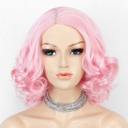 K'ryssma Short Bob Wig Baby Pink Synthetic Wig for Women with Side Parting Pink Wavy wig Heat Resistant