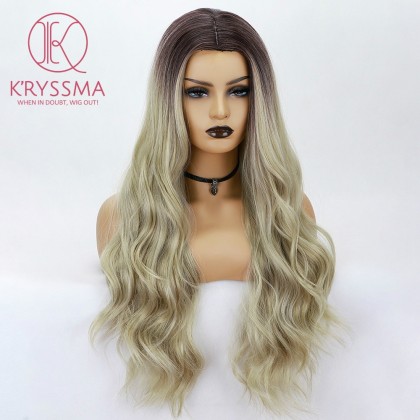 2 Tones Ombre Blonde Long Wavy Synthetic Wig with Dark Roots 24 Inches