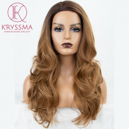 2 Tones Ombre Brown Long Wavy Synthetic None-Lace Wig Wig Dark Roots 22 inces