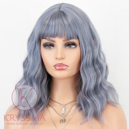 K'ryssma Short Bob Wig with Bangs Glueless Wavy Ash Purple Synthetic Wigs Heat Resistant Bob Purple Wig (14 Inch)
