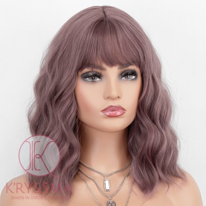 K'ryssma Short Bob Wig with Bangs Glueless Wavy Ash Pink Synthetic Wigs Heat Resistant Bob Pink Wig (14 Inch)