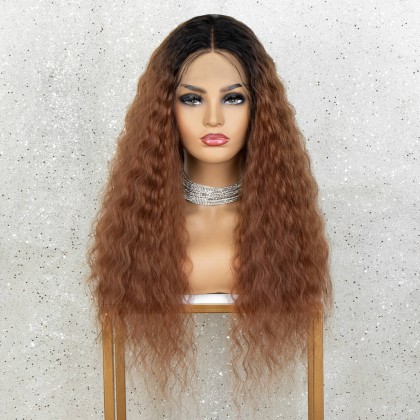 K'ryssma Brown Lace Front Wigs Ombre Dark Roots Natural Looking Glueless Long Curly Synthetic Wig for Women 2 Tone Heat Resistant 22 inches