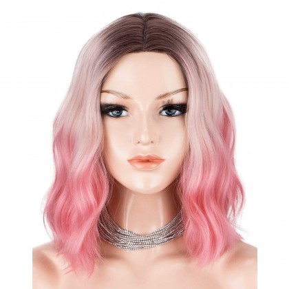 3 Tones Ombre Pink Dark Roots Middle Paring Short Wavy Wigs Glueless Heat Resistant Hair for Cosplay