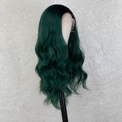K'ryssma Dark Green Lace Front Wig T Part Synthetic Wig wtih 4 Inch Deep Parting Dark Green Wigs for Women