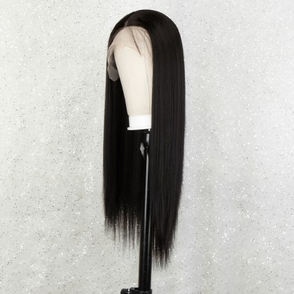 13x4x1 Black Lace Front Wig for Women Long Black Silk Straight Synthetic Wig with Deep Parting T part Lace Wigs 22 inches