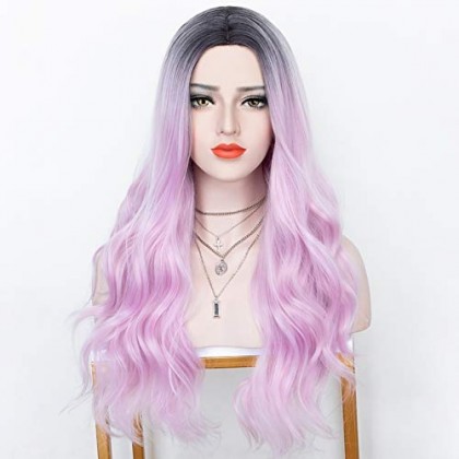 2 Tones Ombre Pink Long Wavy Synthetic Glueless Heat Friendly Wigs 20 Inches