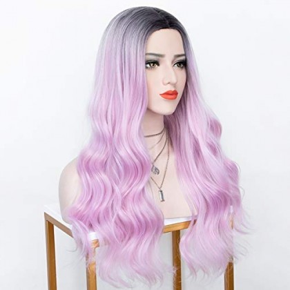 2 Tones Ombre Pink Long Wavy Synthetic Glueless Heat Friendly Wigs 20 Inches