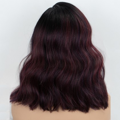 Ombre Bungundy Wavy L Part Wig Shoulder Length Wine Red Synthetic Wigs
