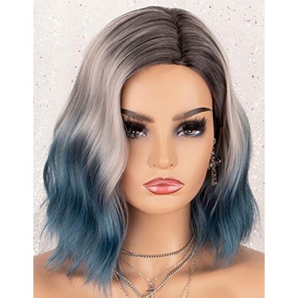 Blue Ombre Wig Bob with Dark Roots 3 Tones Short Wavy Glueless Synthetic Wigs 