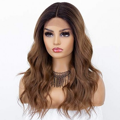 Ombre Brown Long Wavy Lace Front Wig | Dark Roots | T Part Deep Middle Part | Heat Resistant 16 Inches
