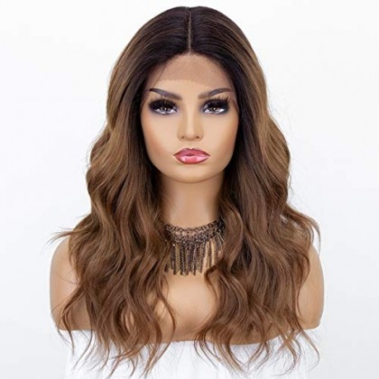 Ombre Brown Long Wavy Lace Front Wig | Dark Roots | T Part Deep Middle Part | Heat Resistant 16 Inches