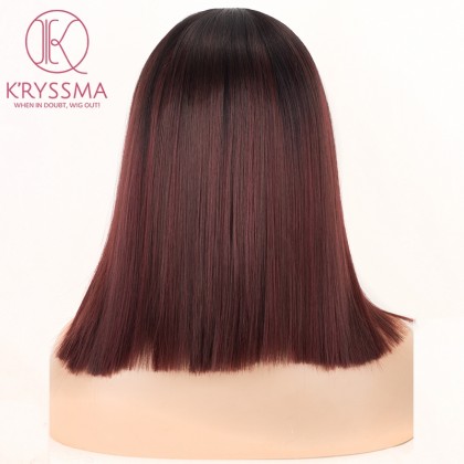 Dark Red Short Bob Synthetic None-Lace Wigs with Black Roots