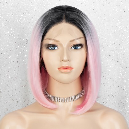 K'ryssma Ombre Pink Lace Front Wig with Baby Hair Black Roots to LightPink Synthetic Wig for Women Half Hand Tide 22 inches Long Straight Hair Replacement Wigs