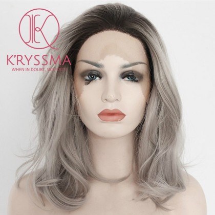 Ombre Gray Dark Roots Short Bob Synthetic Lace Front Wig 12 inches 
