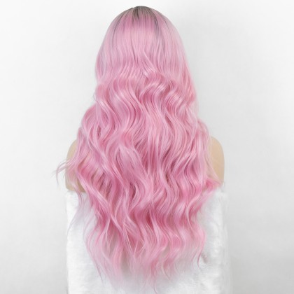 K'ryssma 2 Tones Ombre Bright Pink Synthetic Wig Glueless Middle Part Long Wavy Wig Heat Friendly Bright Pink Wigs for Women Cosplay