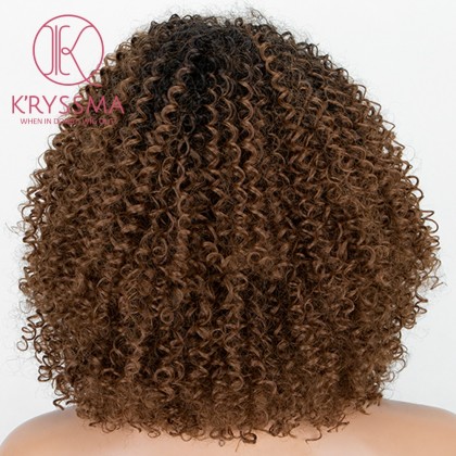 2 Tones Ombre Brown Short Bob Curly L Part Synthetic Wig Heat Resistant 14 inches