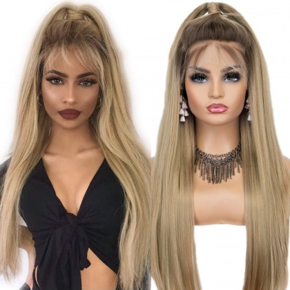 Ombre Blonde Long Silk Straight Lace Front Wig 22 Inches