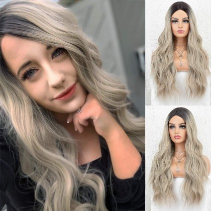 K'ryssma Ash Blonde Wig Dark Roots Ombre Synthetic Wigs for Women Long Wavy Ombre Blonde Wig with Middle Part 22 Inches
