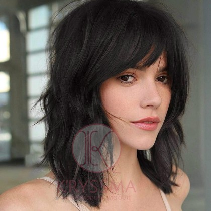 Black Bob Wig with Bangs Natural Looking 14 Inch Short Wavy Synthetic None-Lace Wig