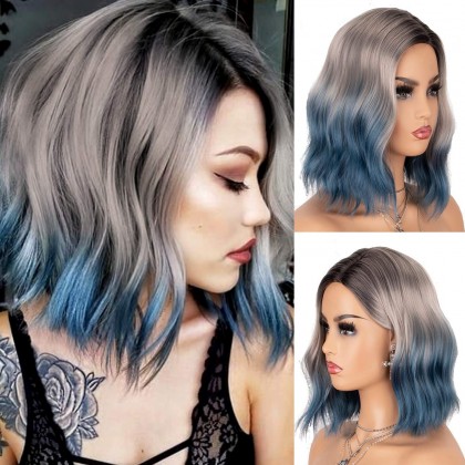 Blue Ombre Wig Bob with Dark Roots 3 Tones Short Wavy Glueless Synthetic Wigs 