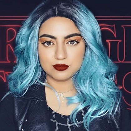 K'ryssma Blue Ombre Wig with Dark Roots Short Wavy Bob Wig Halloween Synthetic Wigs for Women