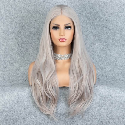 Silver Gray Long Natural Straight Synthetic Wig 22 inches