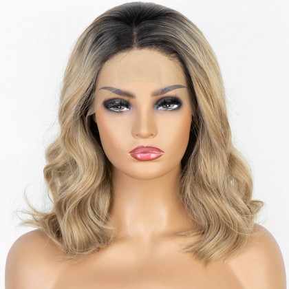 K'ryssma Ombre Blonde Lace Front Wig Bob Short Wavy Synthetic Wig with Middle Part Dark Roots to Blonde Ombre Wigs Heat Resistant