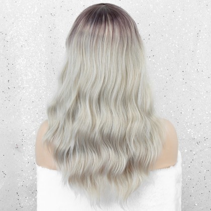 Ombre Ash Blonde Long Wavy Synthetic Wig Glueless Natural Looking with Dark Roots