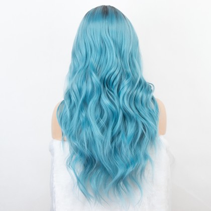 K'ryssma Ombre Blue Wig with Black Roots Blue Wavy Synthetic Wig Heat Resistant Long Blue Ombre Wig for Halloween