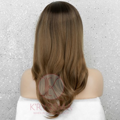 Ombre Ashy Brown Long Wavy Synthetic Wig Glueless Natural Looking with Side Bangs & Dark Roots