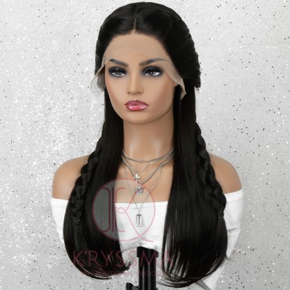 Black Long Natural Straight Lace Front Wig Gluless Synthetic Wig with Natural Hairline 