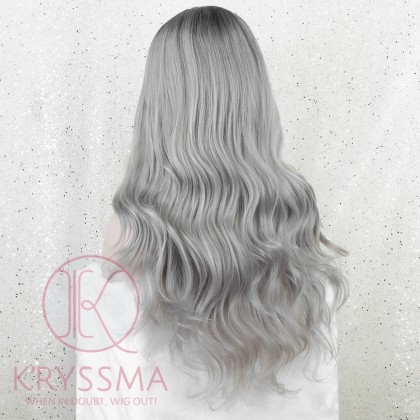 Ombre Grey Synthetic Wig With Dark Roots Long Wavy None Lace Wig Heat Resistant 20 Inches Glueless Ombre Gray Wigs For Women