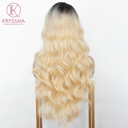 #613 Ombre Blonde Lace Front Wig with Dark Roots Natural Wavy Long Synthetic Wigs