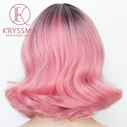 New Ombre Pink Short Bob Synthetic Wig with Dark Roots Heat Resistant