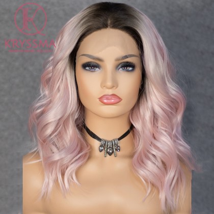 Olivia Recommend: Baby Pink Ombre Lace Front Wig Bob Short Wavy with Middle Parting Dark Roots