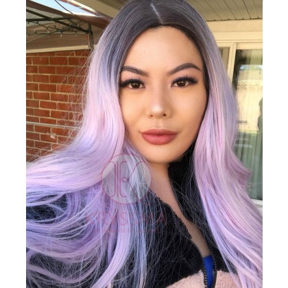 Ombre Purple Long Straight Synthetic Non-Lace Wigs with Black Roots 22 inch 