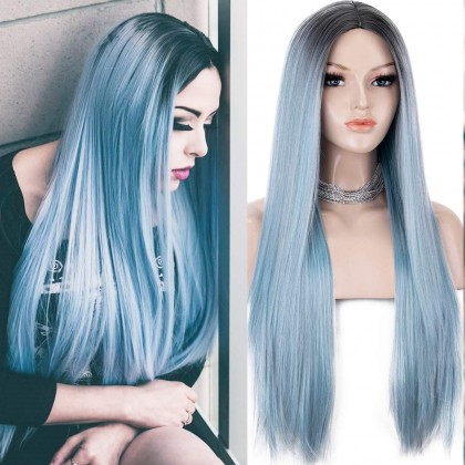 Fashion Blue Long Straight Ombre Synthetic Non-Lace Wig 22 Inches 
