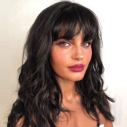 Natural Black Wavy Bob Wigs with Bangs Heat Resistant Synthetic Wigs with Natural Looking