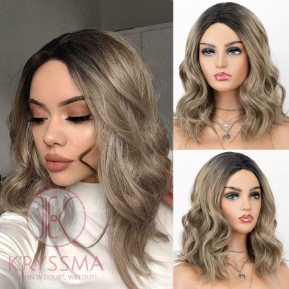 K'ryssma Short Bob Wigs Wavy Ash Brown Ombre Synthetic Wig with Black Roots Middle Parting