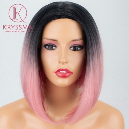 2 Tones Ombre Pink Short Bob Synthetic None-Lace Wig Heat Resistant 14 inches
