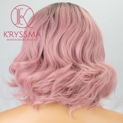 Short Wavy Bob Pink Lace Front Wig Ombre Dark Roots 2 Tone 12 inches