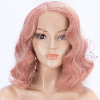 Peach Pink Short Bob Wavy Synthetic Lace Front Wigs