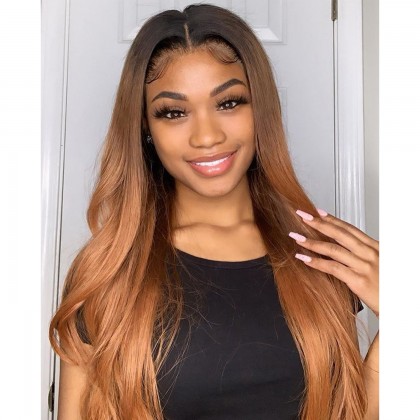 K'ryssma Lace Front Wig Brown Ombre Synthetic Wig with Dark Roots Natural Hairline Silk Straight 22 inches Long Brown Wigs for Women