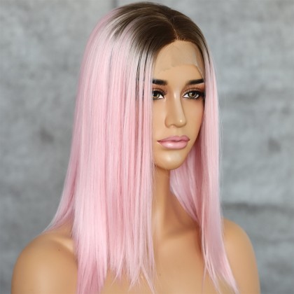 Fashion Pink Lace Ombre Straight Short Bob Front Wig