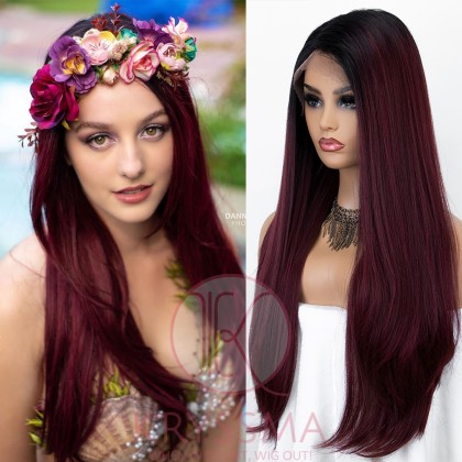 Ombre Burgundy 99j Lace Front Wig Long Light Yaki Synthegic Wigs High Density L Part Deep Wine Red Lace Wigs for Women Heat Resistant