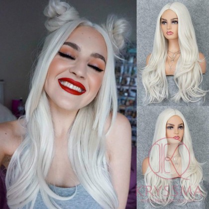 K'ryssma Platinum Blonde Glueless Synthetic Hair Wigs for Halloween Long Natural Wavy Full Wig For Women Heat Friendly 22 inches
