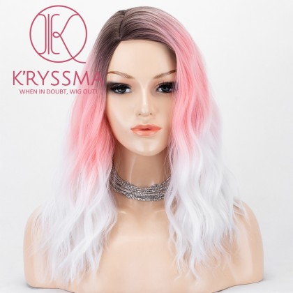 None Lace Synthetic Wigs Short Bob Wig Ombre Pink To White Dark Roots 3 Tones Wavy Pink Wig With Side Parting
