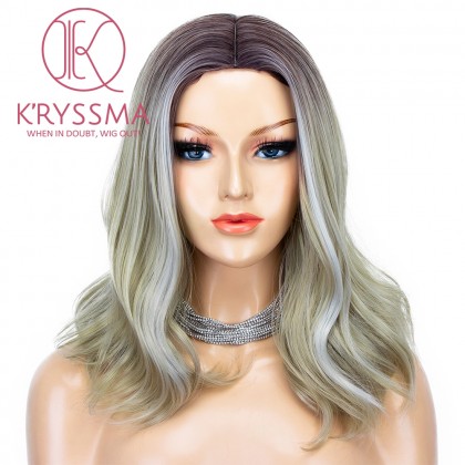 Ash Blonde None Lace Wig Highlight Colored Short Wavy Bob Synthetic Wig With Middle Part New Blonde Ombre Wigs Mix Grey